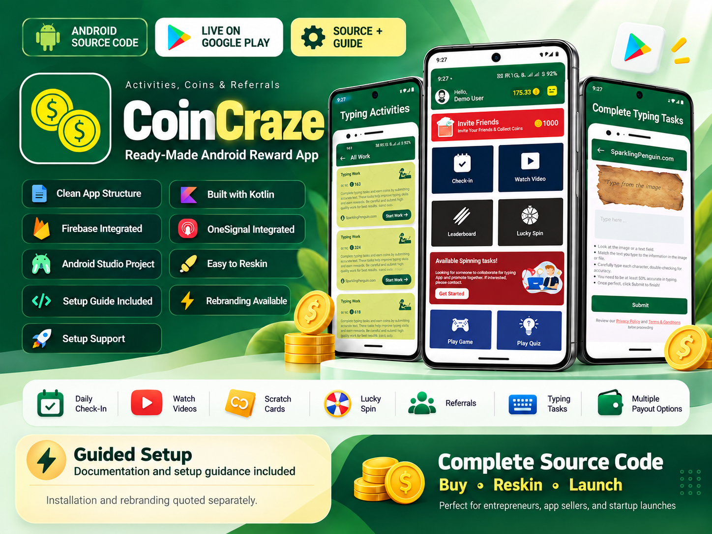 CoinCraze promotional overview showing the app idea and source-code package