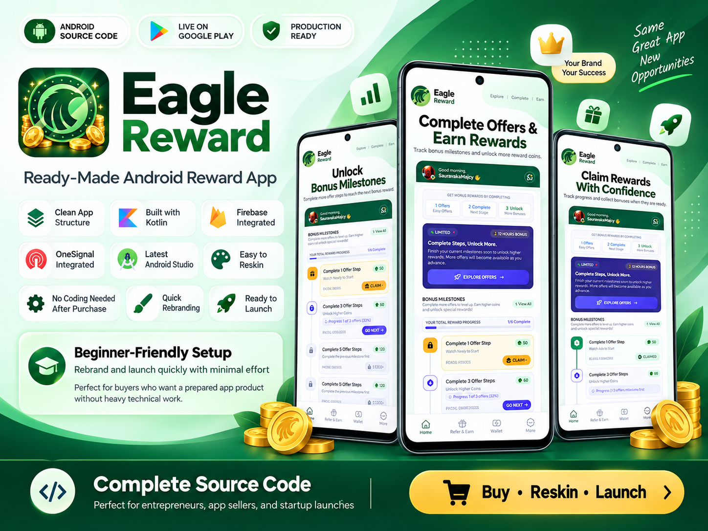 Eagle Reward promotional overview with Android app previews and technology highlights