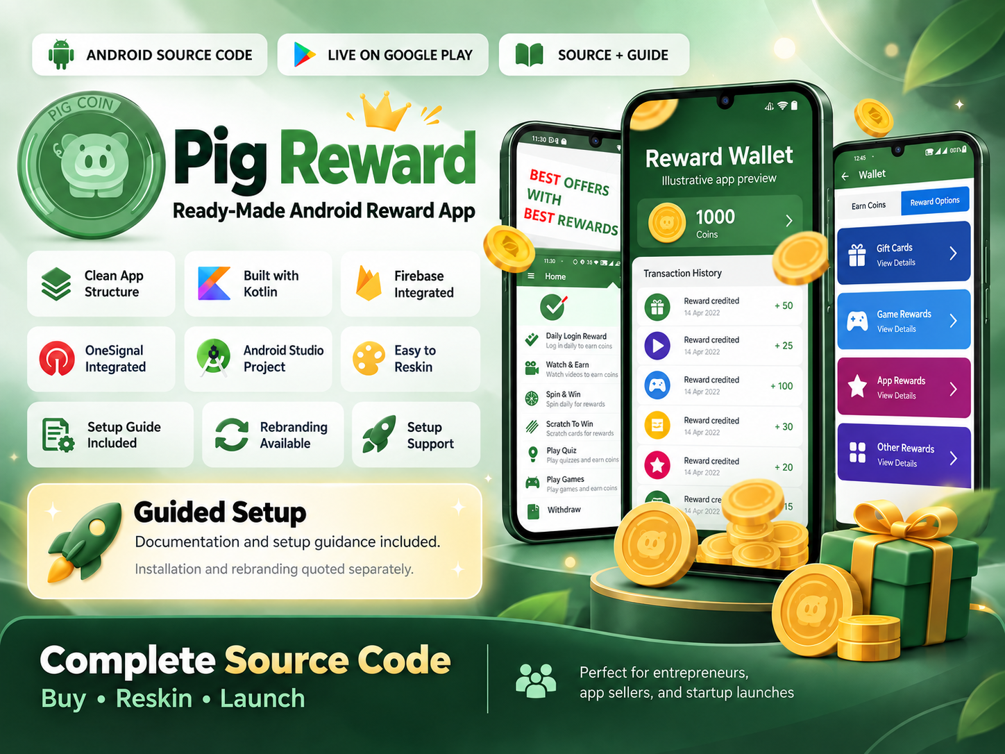 Pig Reward promotional overview showing the app idea and source-code package