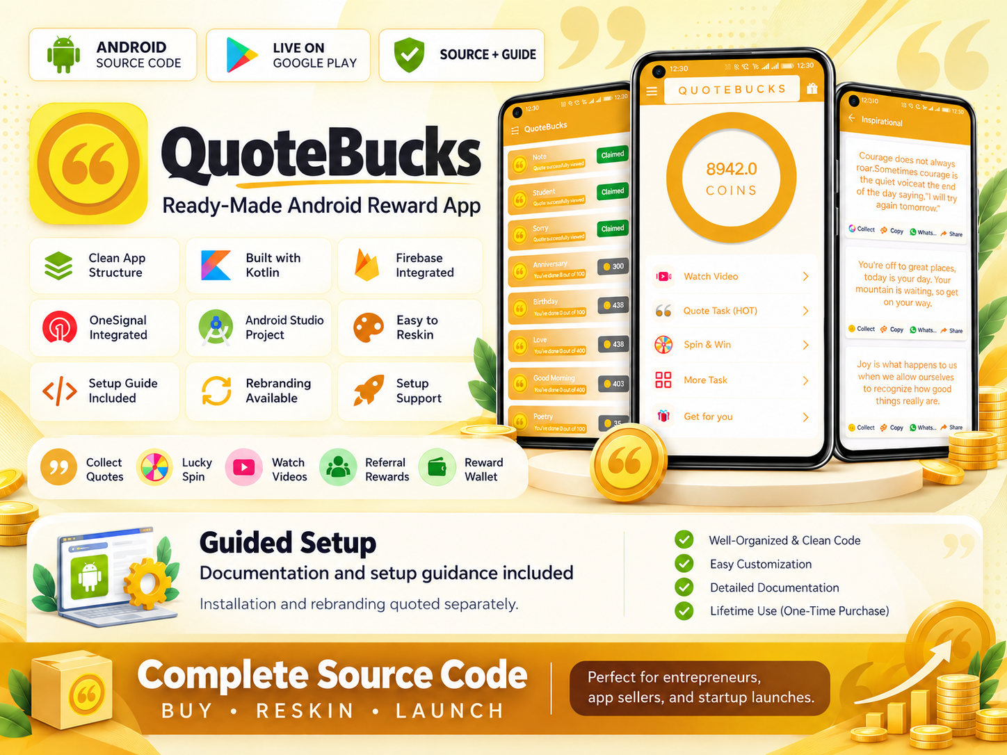 QuoteBucks promotional overview showing the app idea and source-code package
